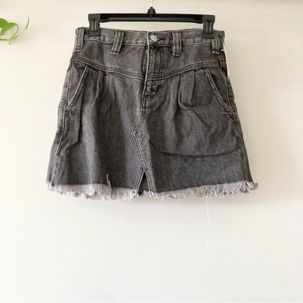 NWT Free People denim fringe pleated miniskirt in sanded black distressed 24